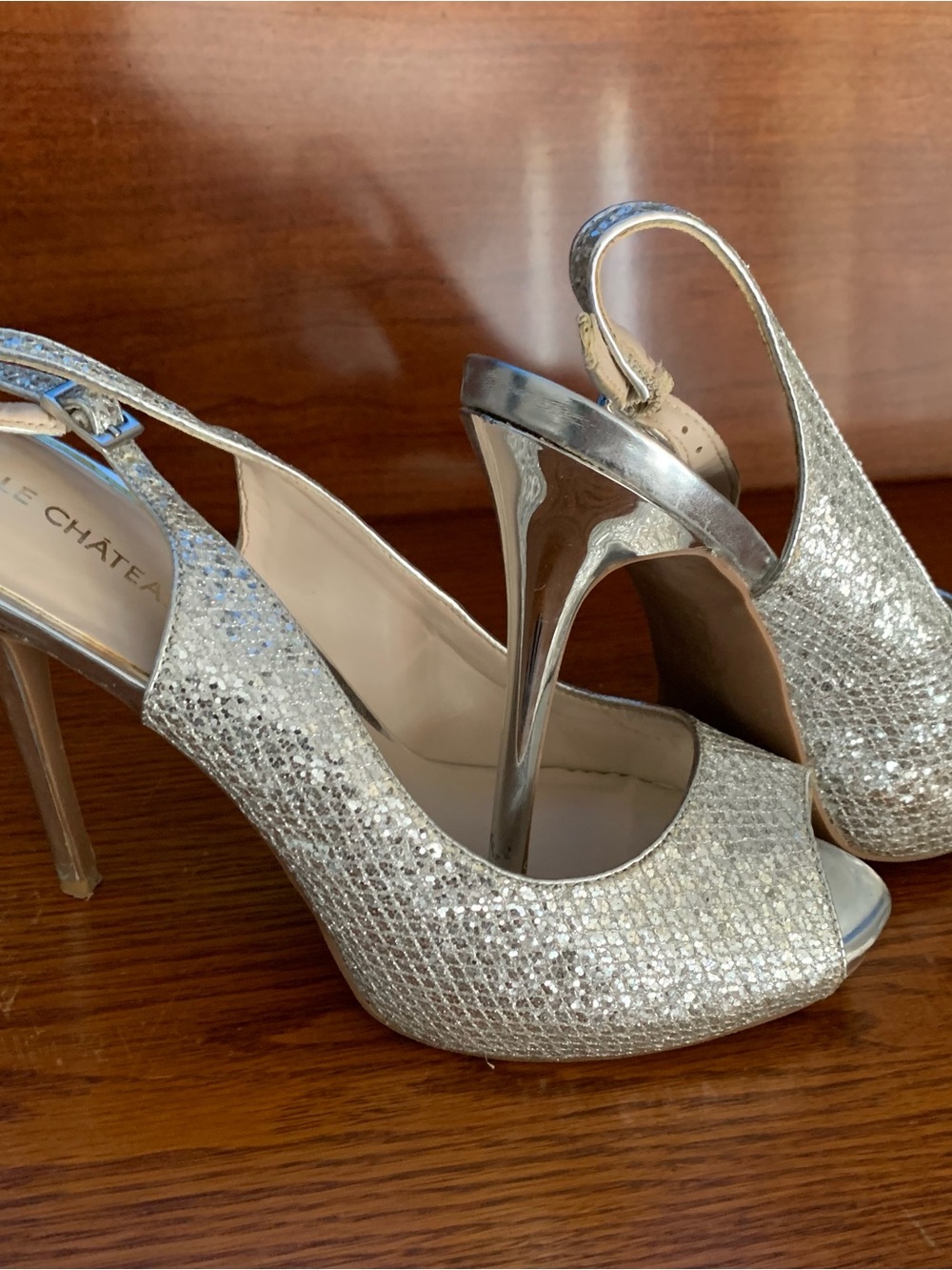 le chateau Silver Glitter Peep-Toe Slingback Stilettos